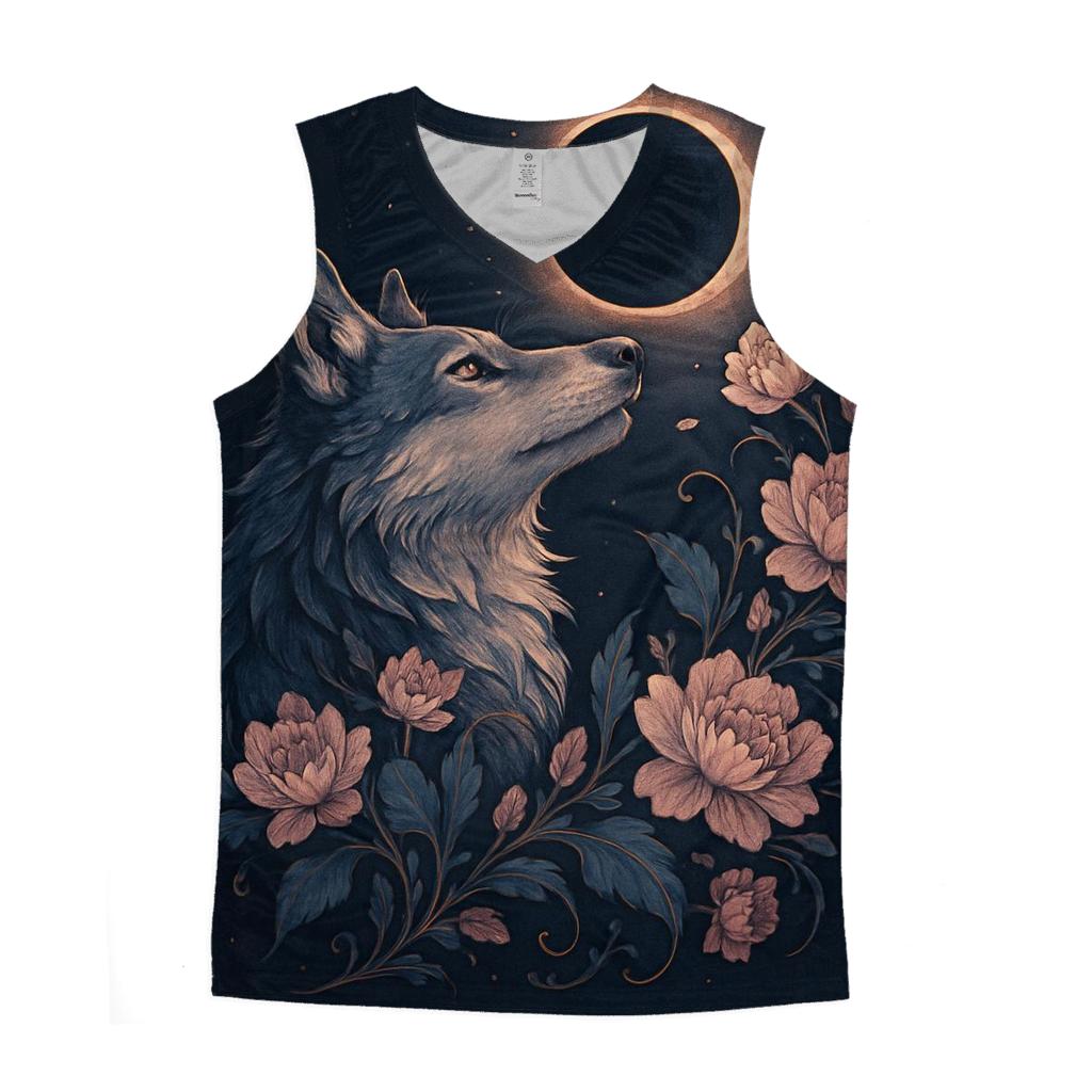Floral Eclipse Moon Wolf graphic print tank tops