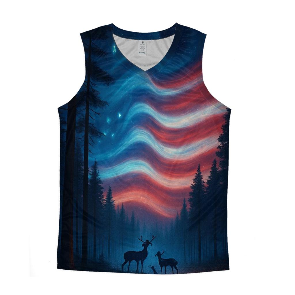 Forest Guardians Under Striped Aurora graphic print tank tops