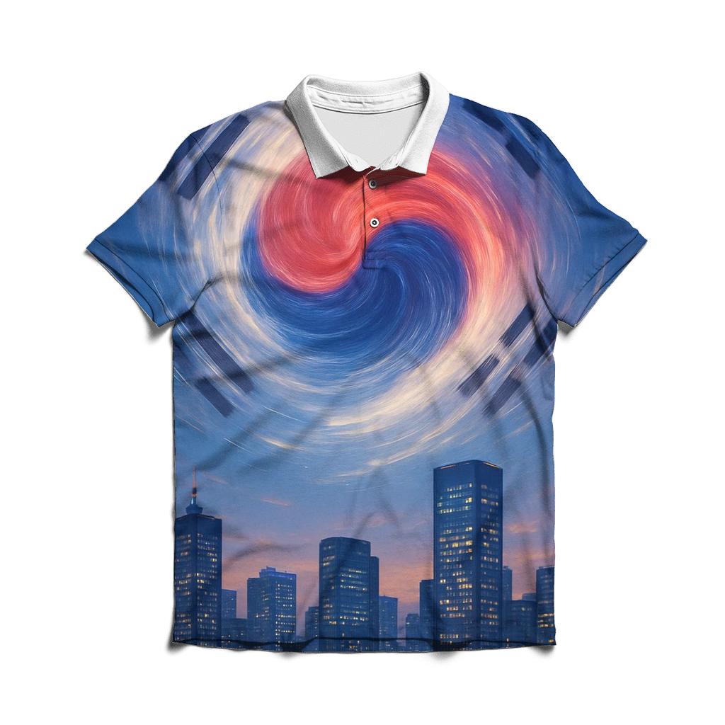 South Korean Flag Sky Mandala Over City stylish collar polo tees