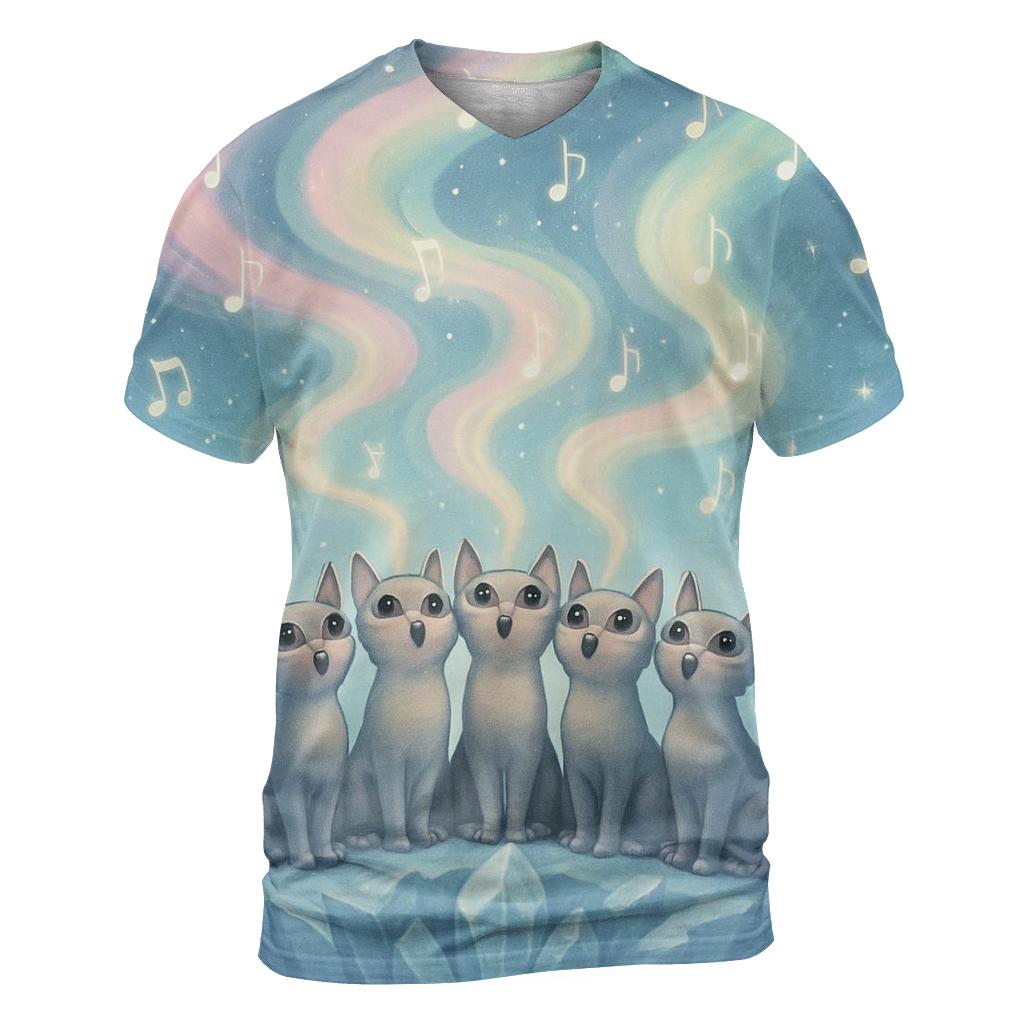 Aurora Melody Cat Chorus vibrant all-over design tees