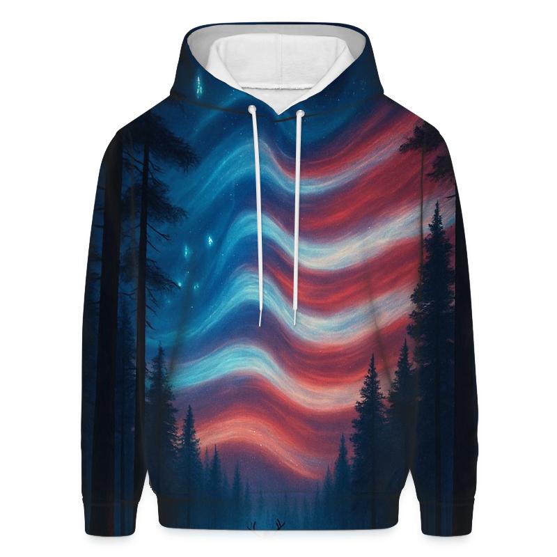Forest Guardians Under Striped Aurora graphic hoodies