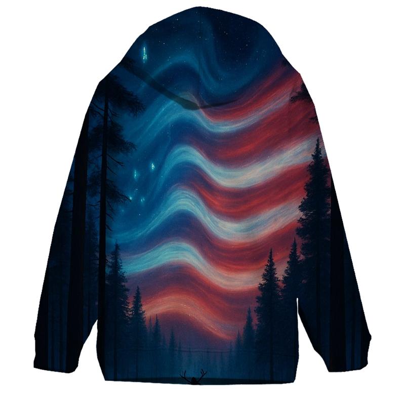 Forest Guardians Under Striped Aurora graphic hoodies