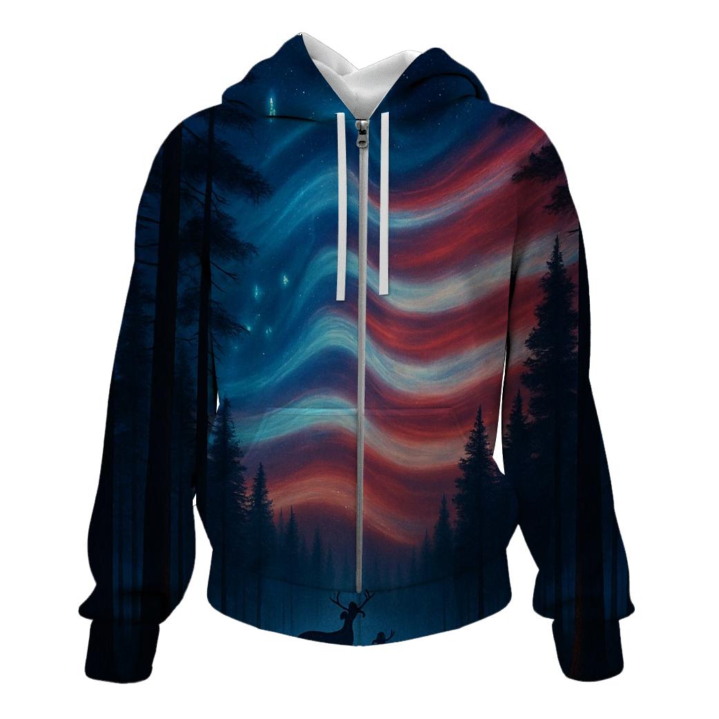 Forest Guardians Under Striped Aurora premium hoodies