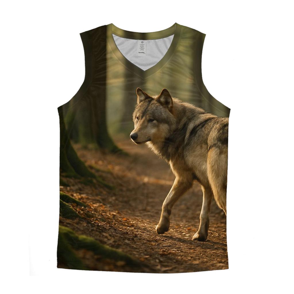Eurasian Wolf On Ancient Forest Path sports performance tank tops