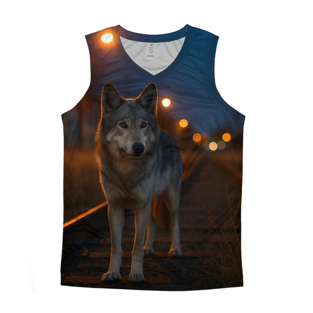 Urban Edge Wolf Near Railway Tracks custom tank tops