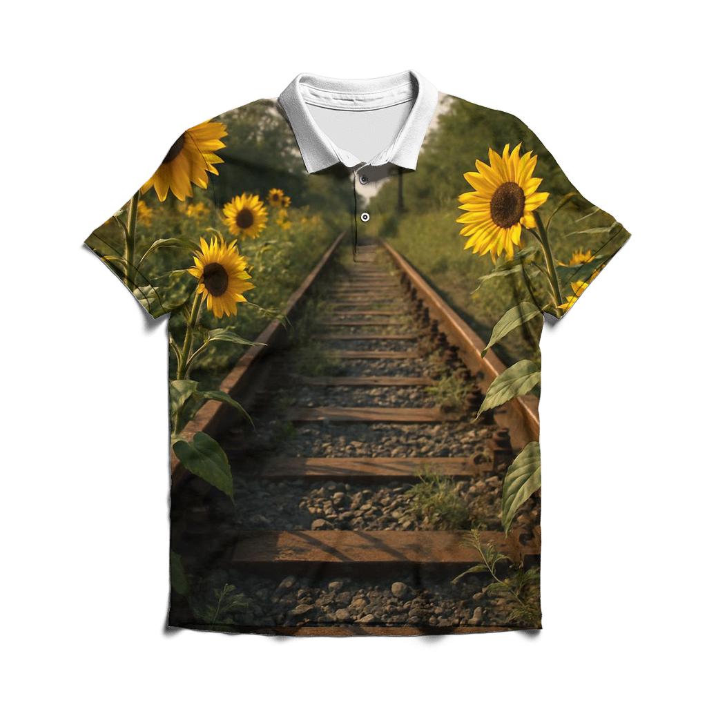 Wild Sunflowers Along Forgotten Rail Tracks branded logo polo shirts