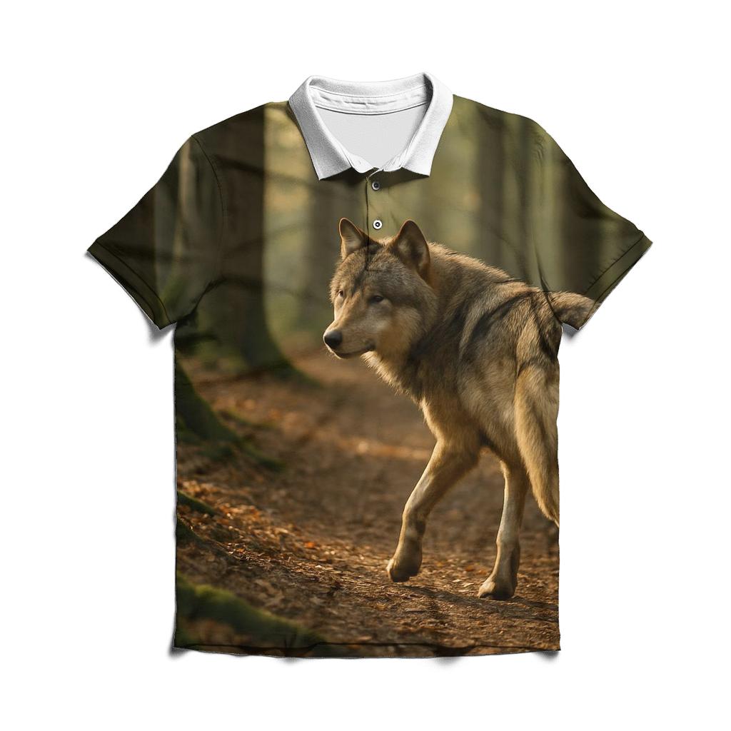 Eurasian Wolf On Ancient Forest Path personalized polo shirts