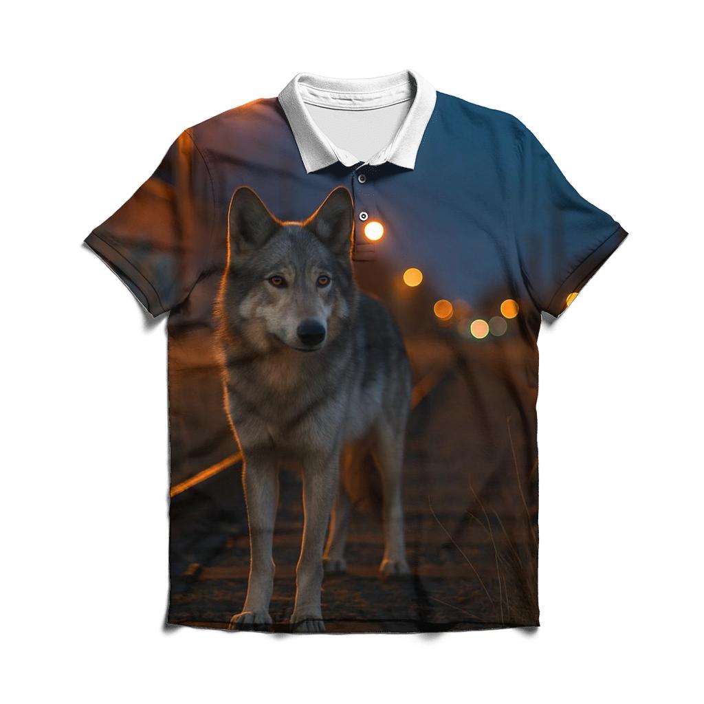 Urban Edge Wolf Near Railway Tracks casual sports polo shirts