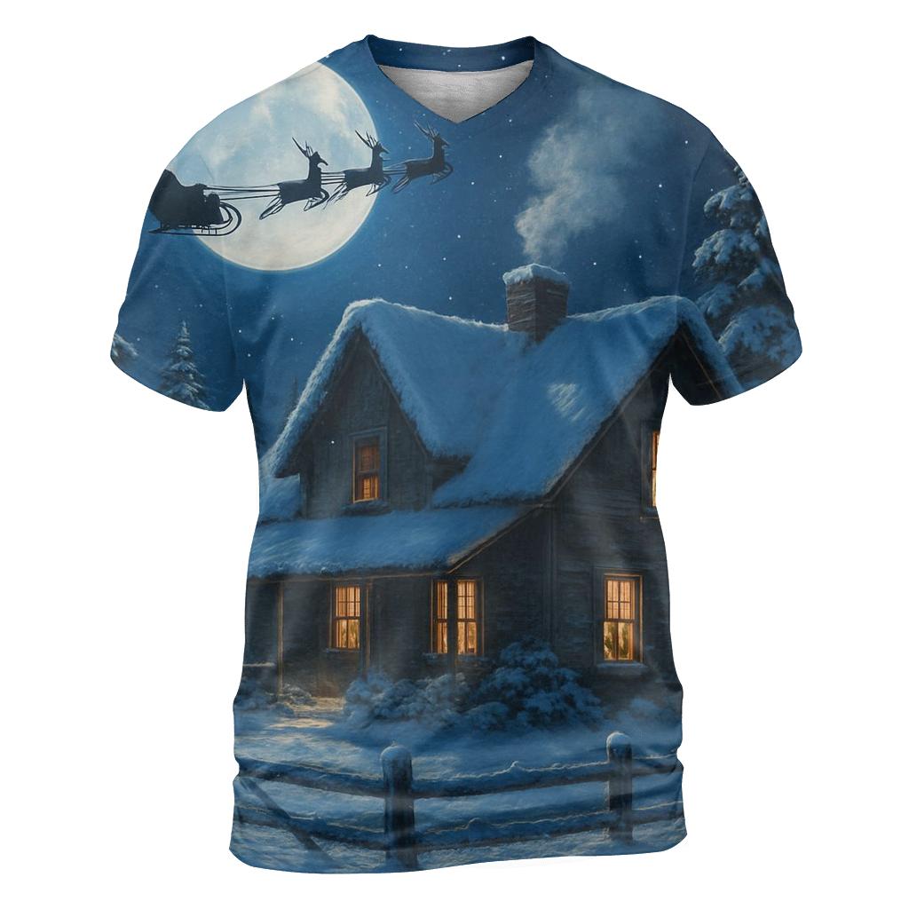 Santa Sleigh Over Moonlit Farmhouse vibrant all-over design tees