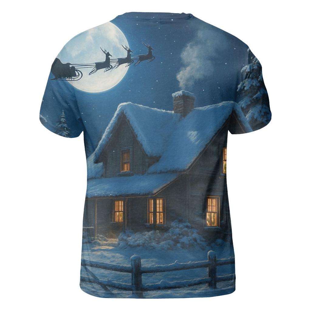Santa Sleigh Over Moonlit Farmhouse vibrant all-over design tees