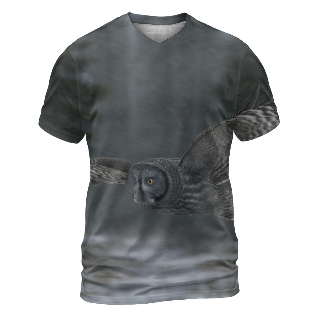 Boreal Glide Great Grey Owl vibrant all-over design tees
