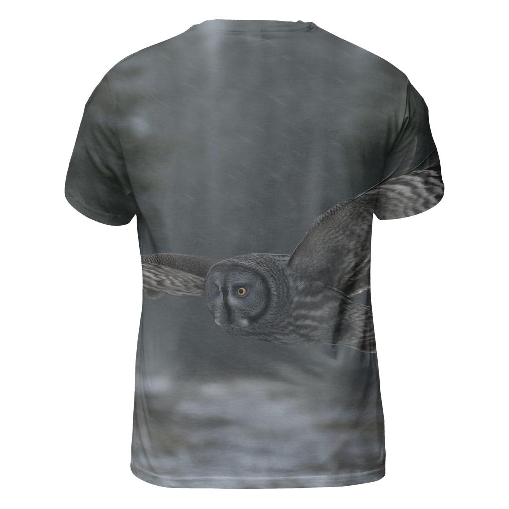 Boreal Glide Great Grey Owl vibrant all-over design tees