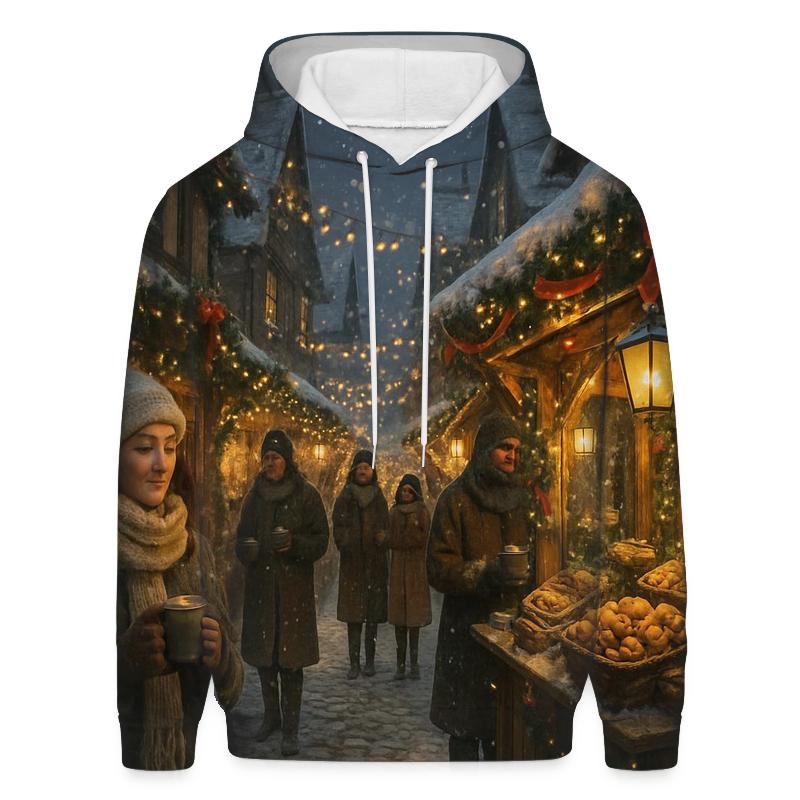 Snowy Village Christmas Market Lane printed hoodies