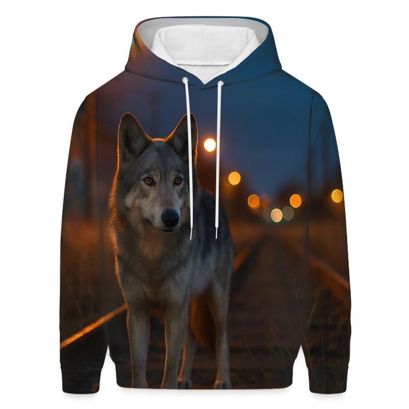 Urban Edge Wolf Near Railway Tracks printed hoodies
