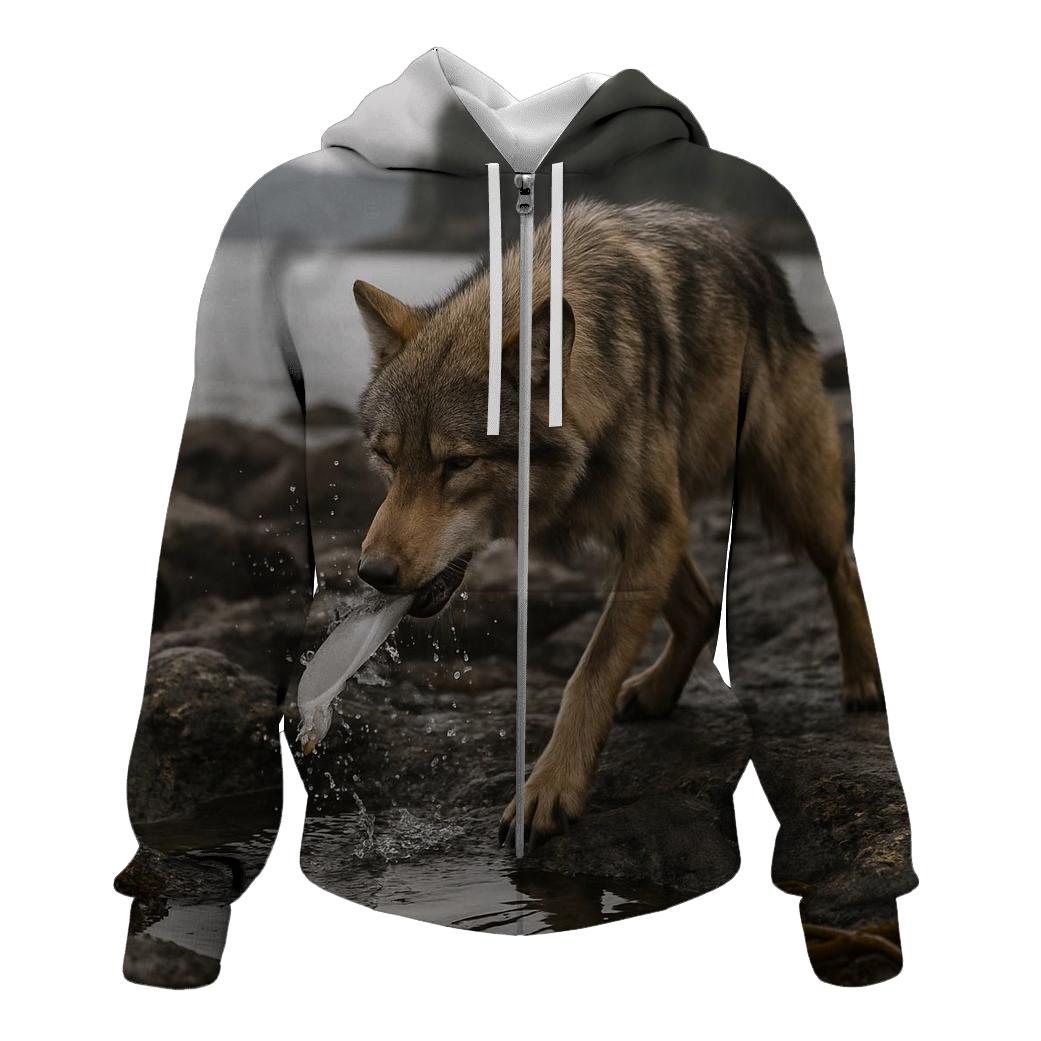 Coastal Wolf Fishing At Low Tide heavyweight hoodies