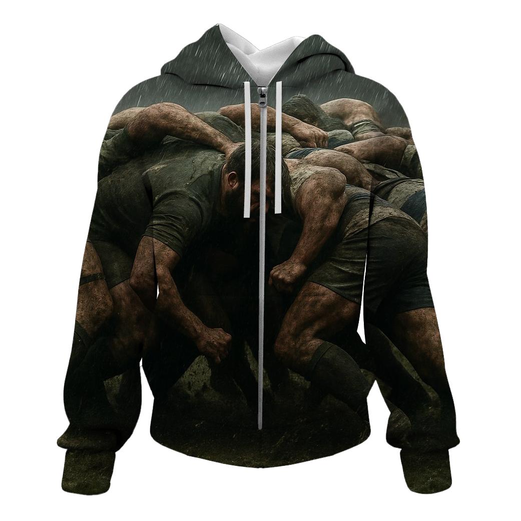 Rain Soaked Rugby Scrum printed hoodies