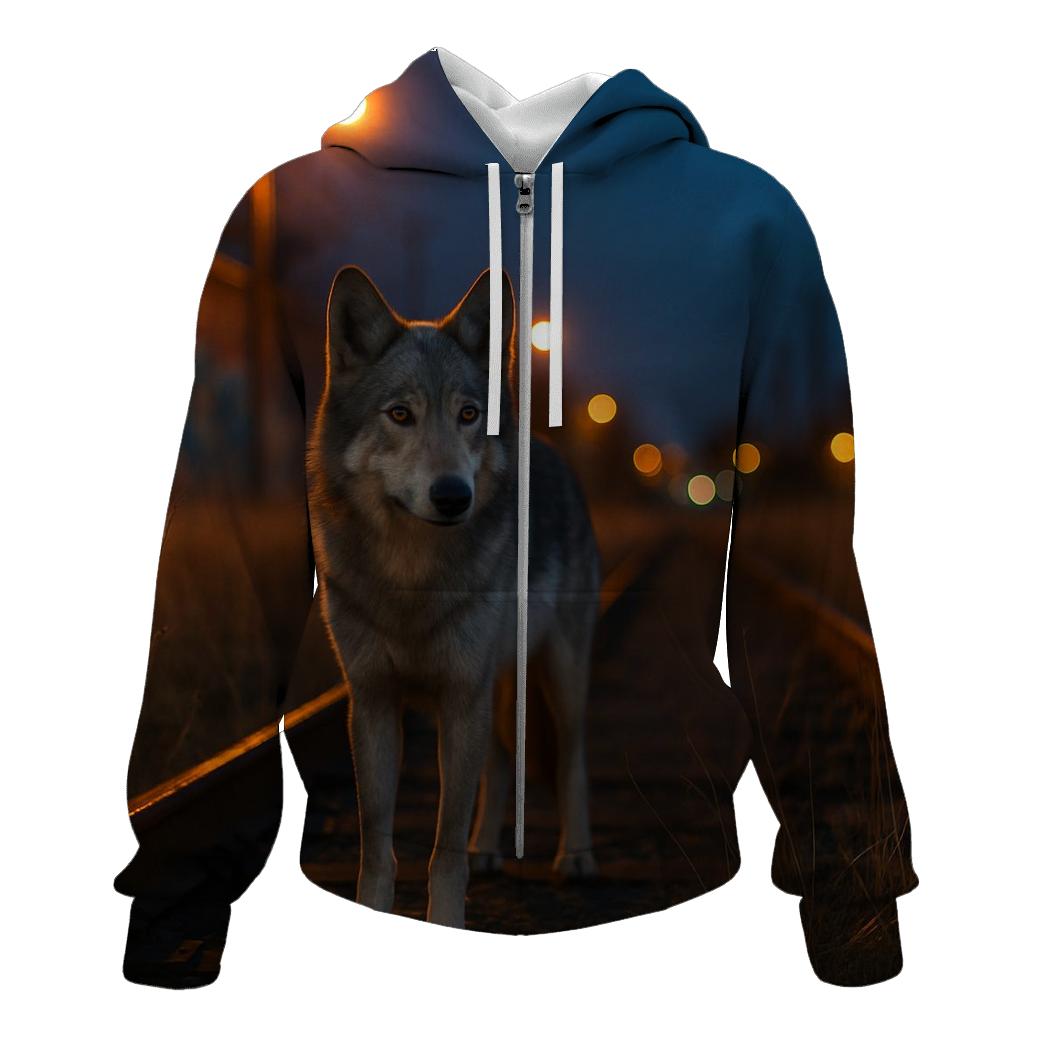 Urban Edge Wolf Near Railway Tracks hoodie designs