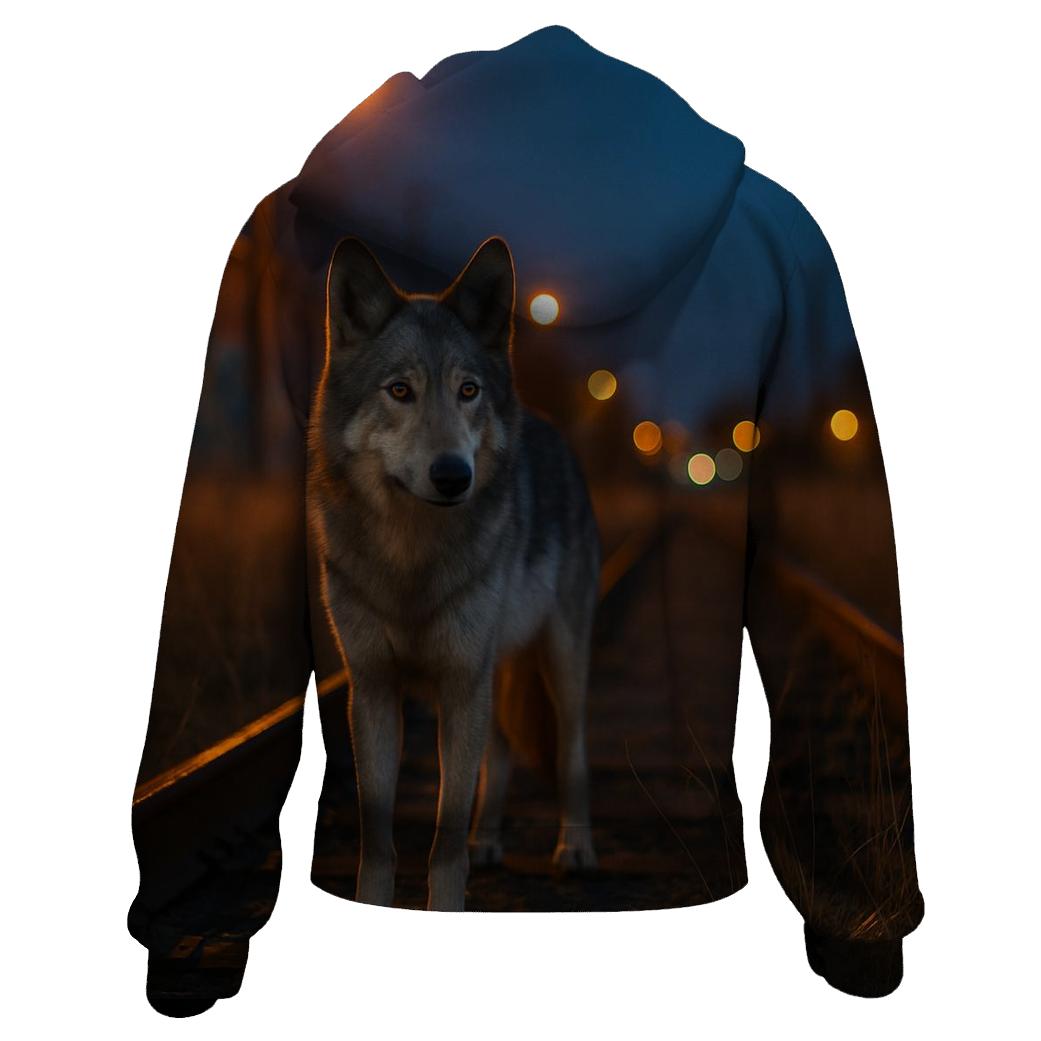 Urban Edge Wolf Near Railway Tracks hoodie designs