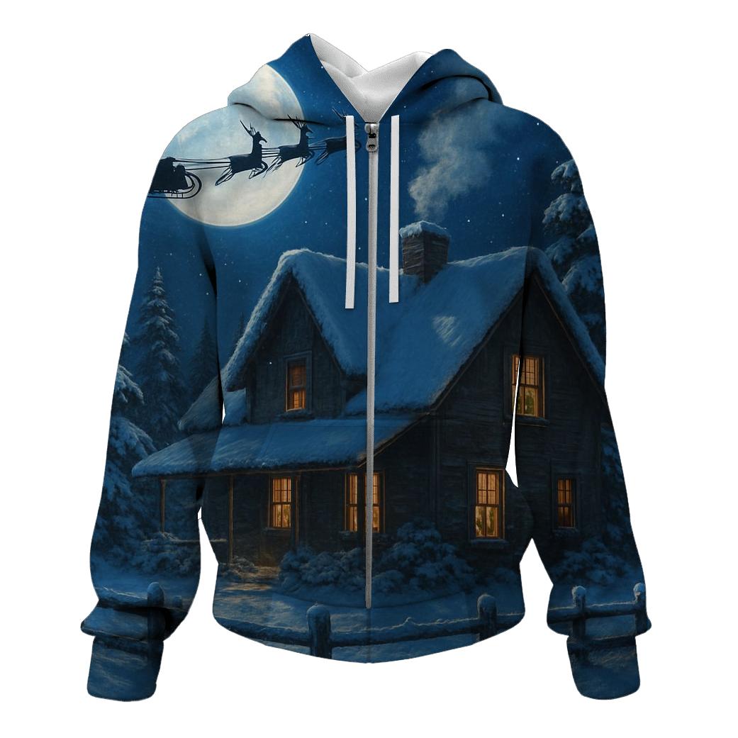 Santa Sleigh Over Moonlit Farmhouse lightweight hoodies