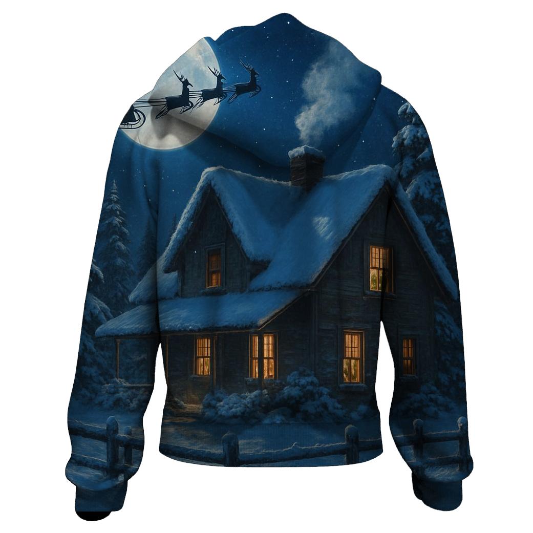 Santa Sleigh Over Moonlit Farmhouse lightweight hoodies