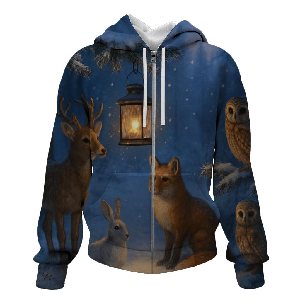 Woodland Animals Around Christmas Lantern embroidered hoodies