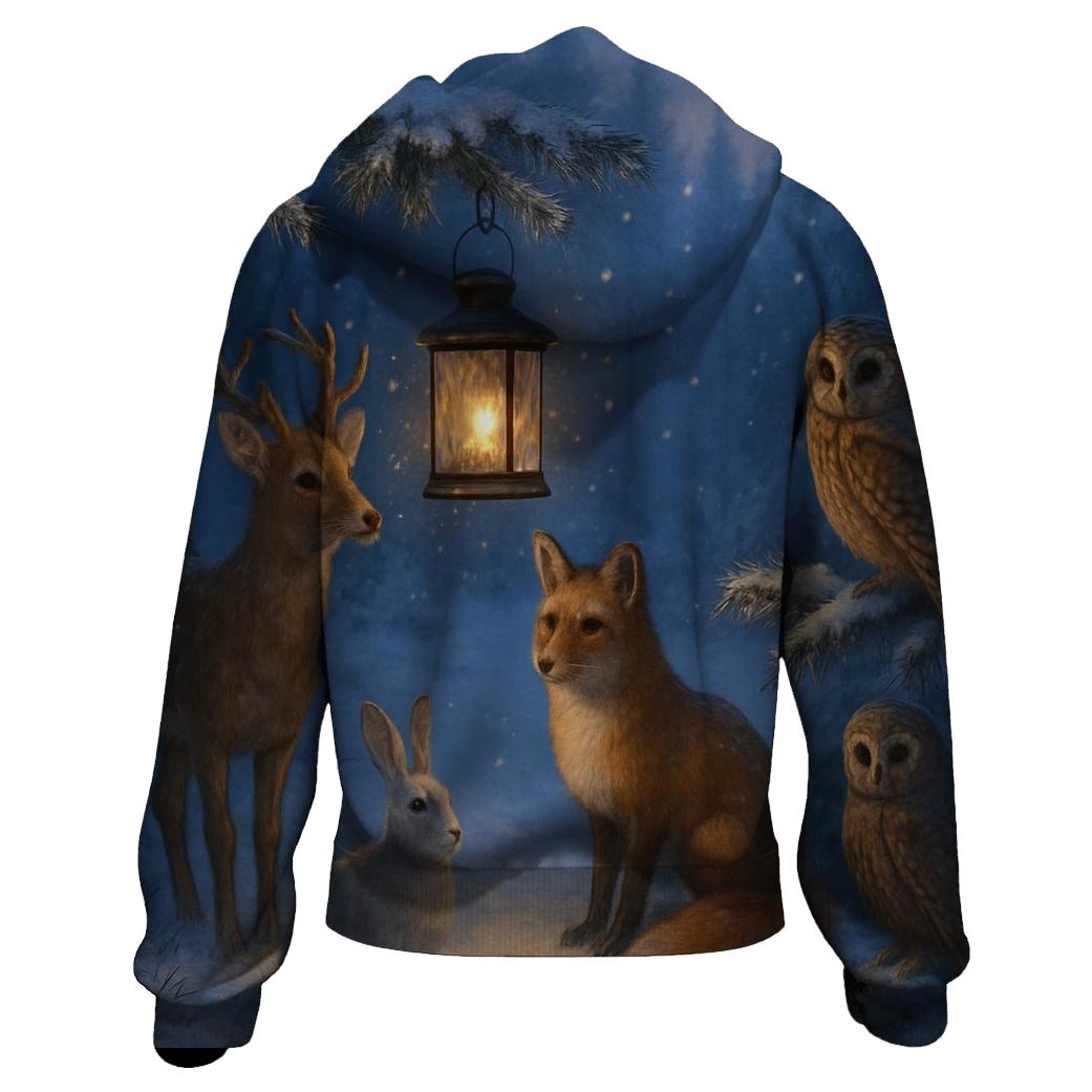 Woodland Animals Around Christmas Lantern embroidered hoodies
