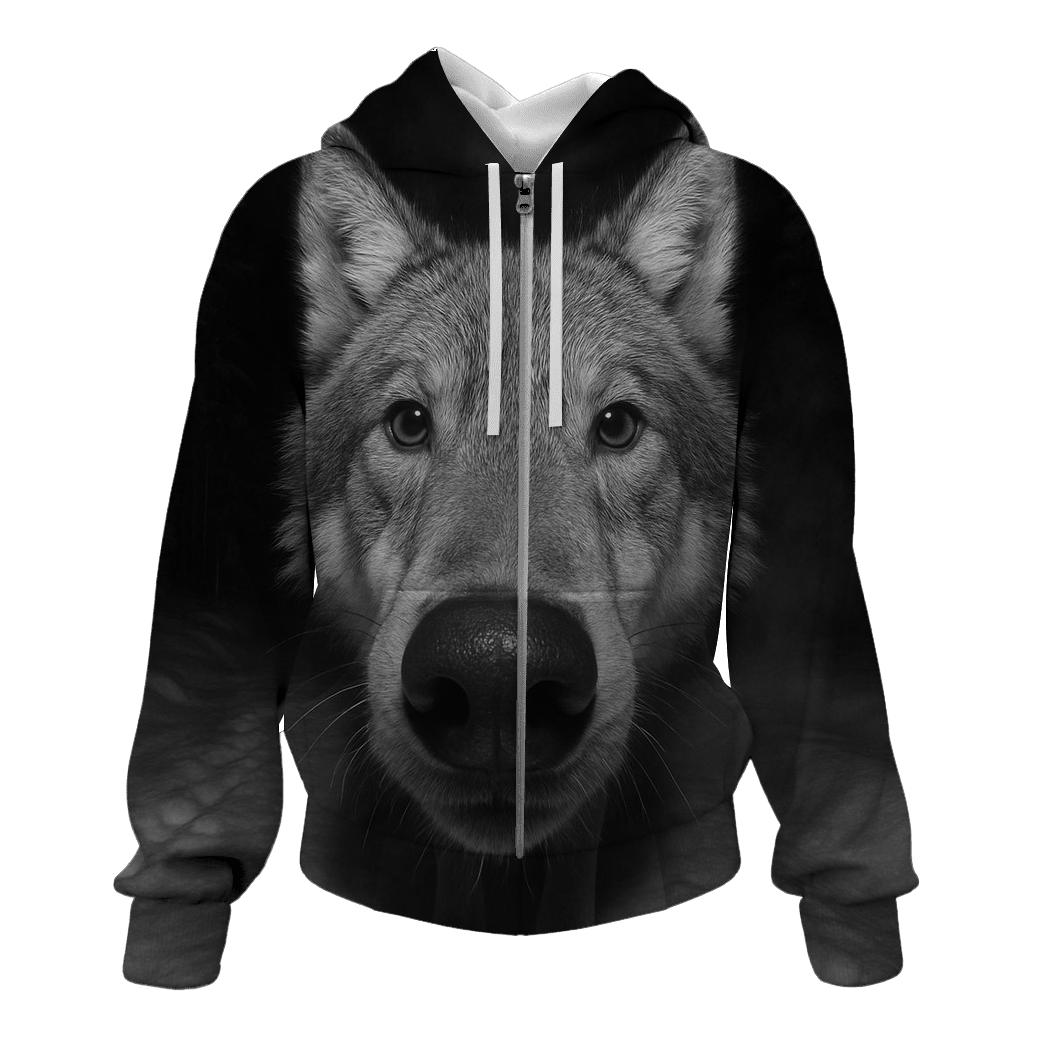 Wolf Investigating Camera Trap In Boreal Night pullover hoodies