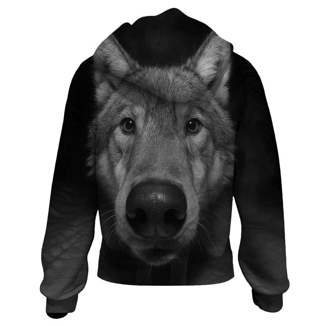 Wolf Investigating Camera Trap In Boreal Night pullover hoodies