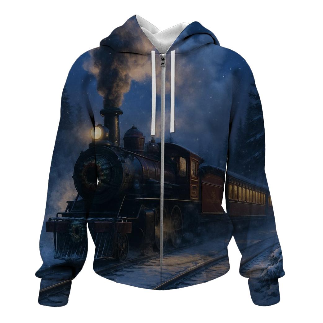 Christmas Train Through Snowy Pines zip-up hoodies