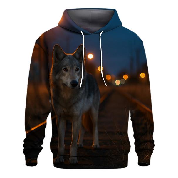 Urban Edge Wolf Near Railway Tracks premium hoodies