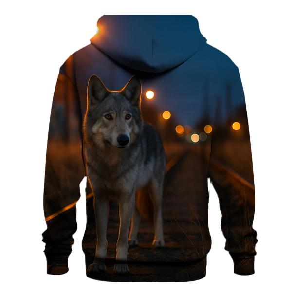 Urban Edge Wolf Near Railway Tracks premium hoodies
