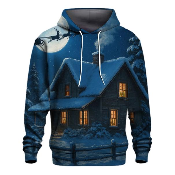 Santa Sleigh Over Moonlit Farmhouse lightweight hoodies