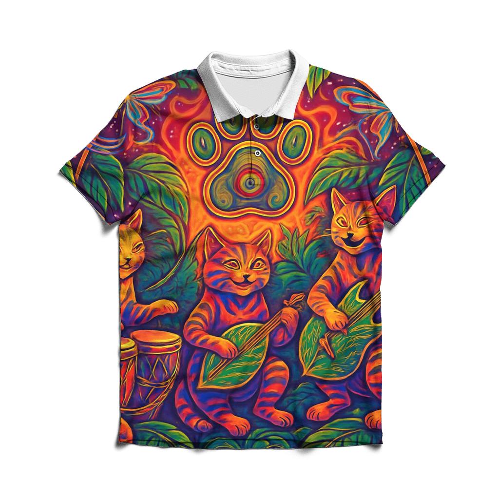 Psychedelic Jungle Rhythm Cats embroidered polo tops
