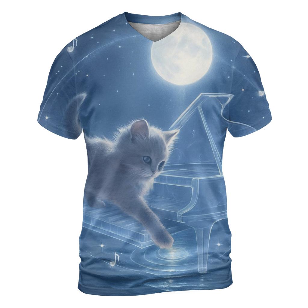 Moonlit Piano Serenade Cat artistic all-over print tops