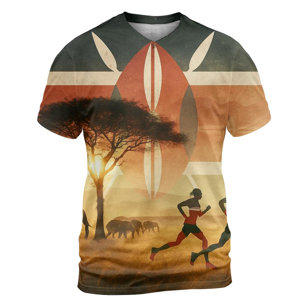 Kenyan Savannah Double Exposure Flag Spirit artistic all-over print tops