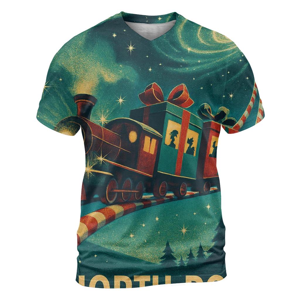 Midnight North Pole Space Train vibrant all-over design tees