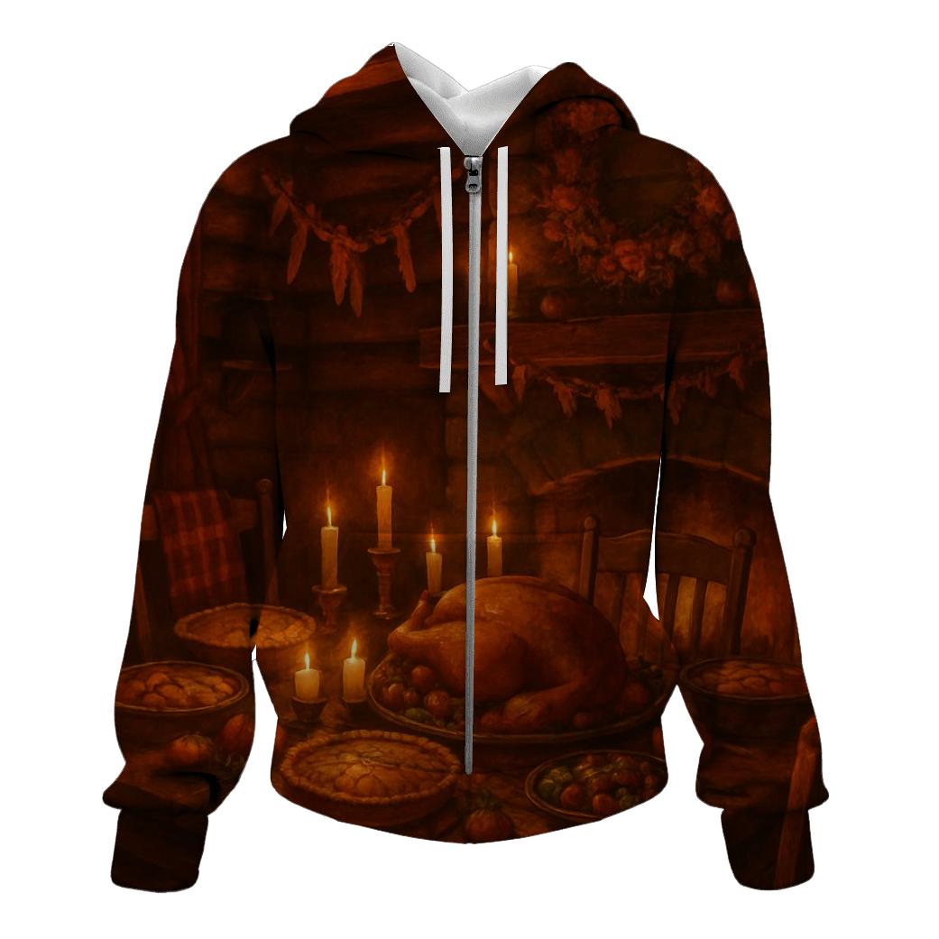 Cozy Cabin Hearthside Feast printed hoodies