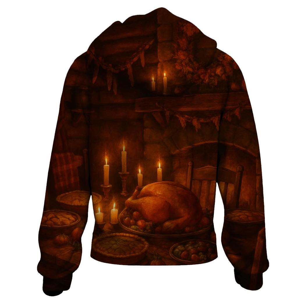 Cozy Cabin Hearthside Feast printed hoodies