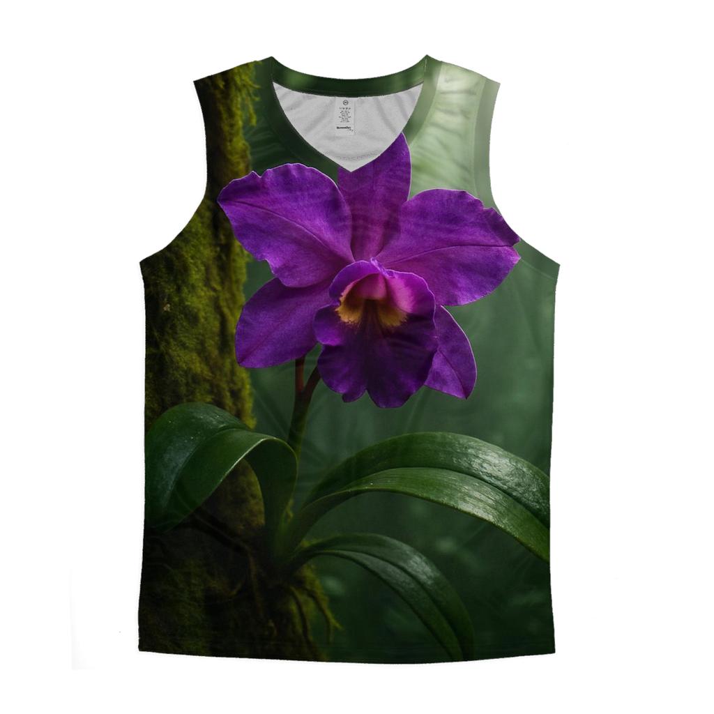 Wild Orchid Clinging To Misty Rainforest Trunk custom tank tops