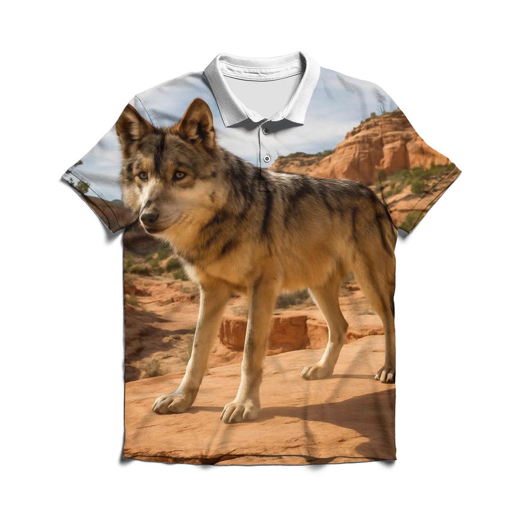 Mexican Wolf In High Desert Canyon premium cotton polo shirts