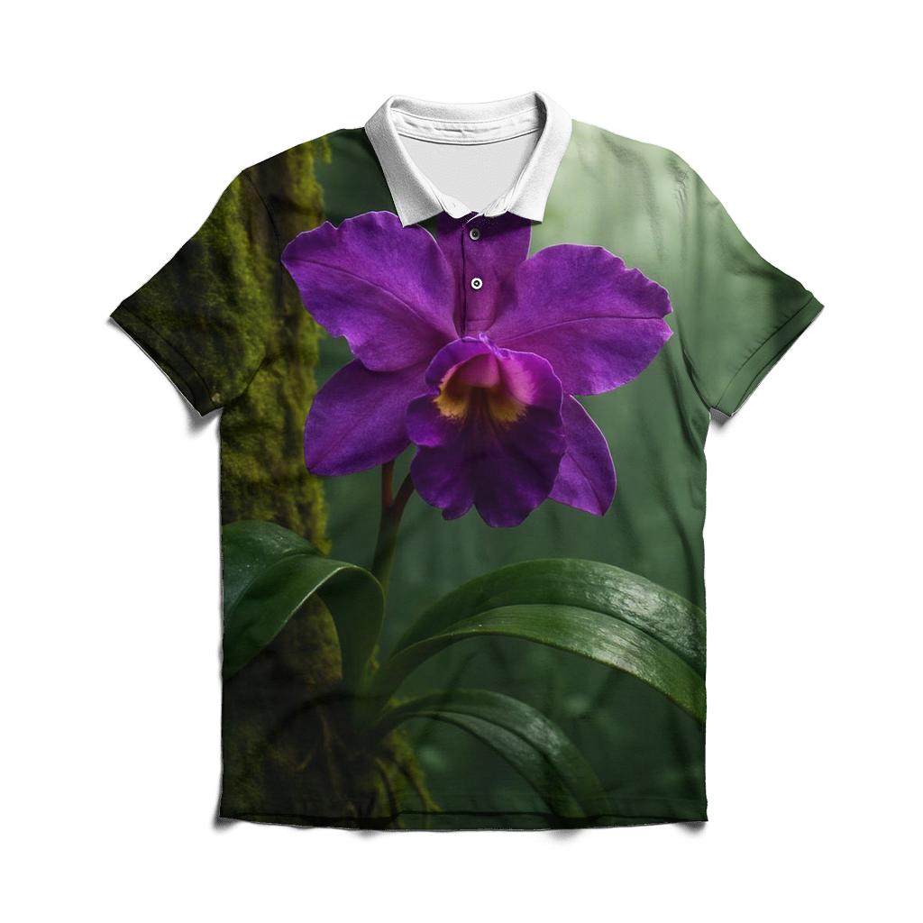 Wild Orchid Clinging To Misty Rainforest Trunk designer slim fit polos