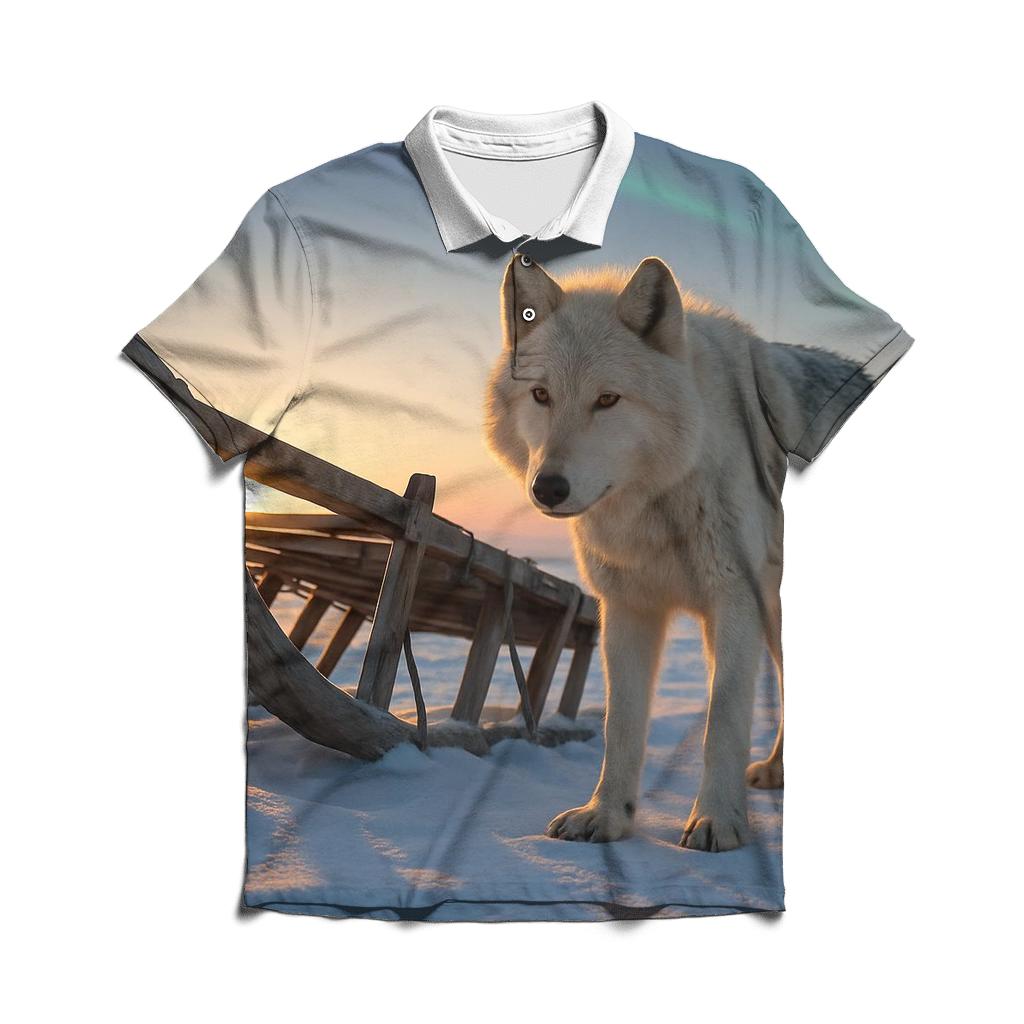 Tundra Wolf Beside Indigenous Caribou Sled casual sports polo shirts