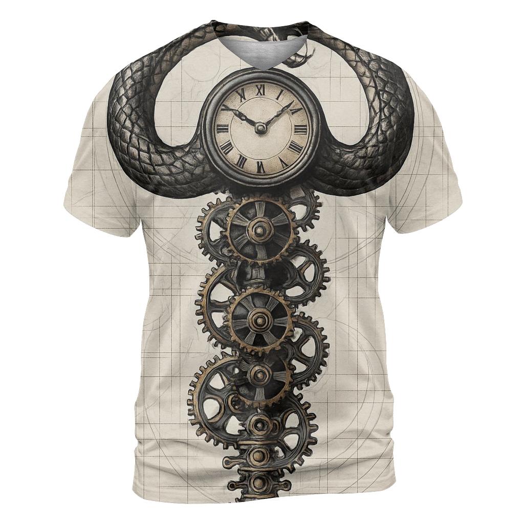 Clockwork Spine Ouroboros vibrant all-over design tees