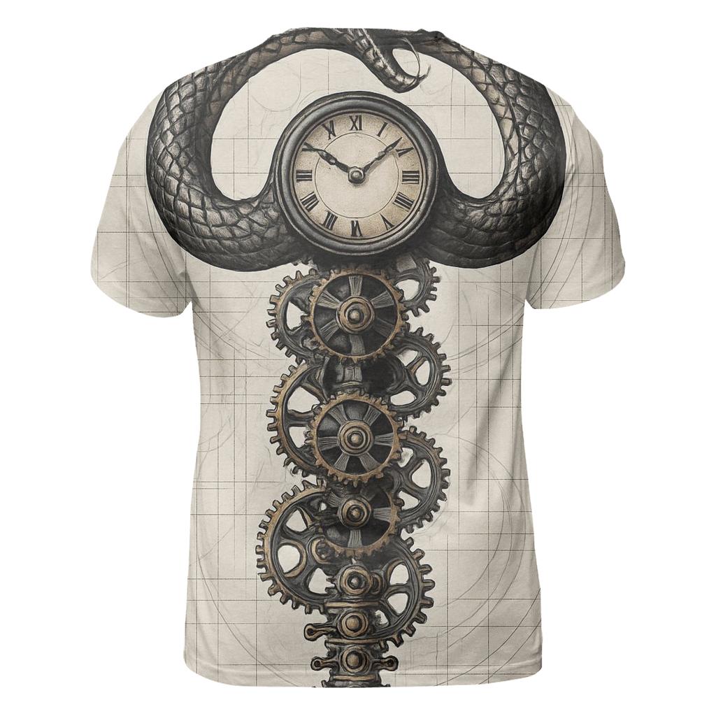 Clockwork Spine Ouroboros vibrant all-over design tees