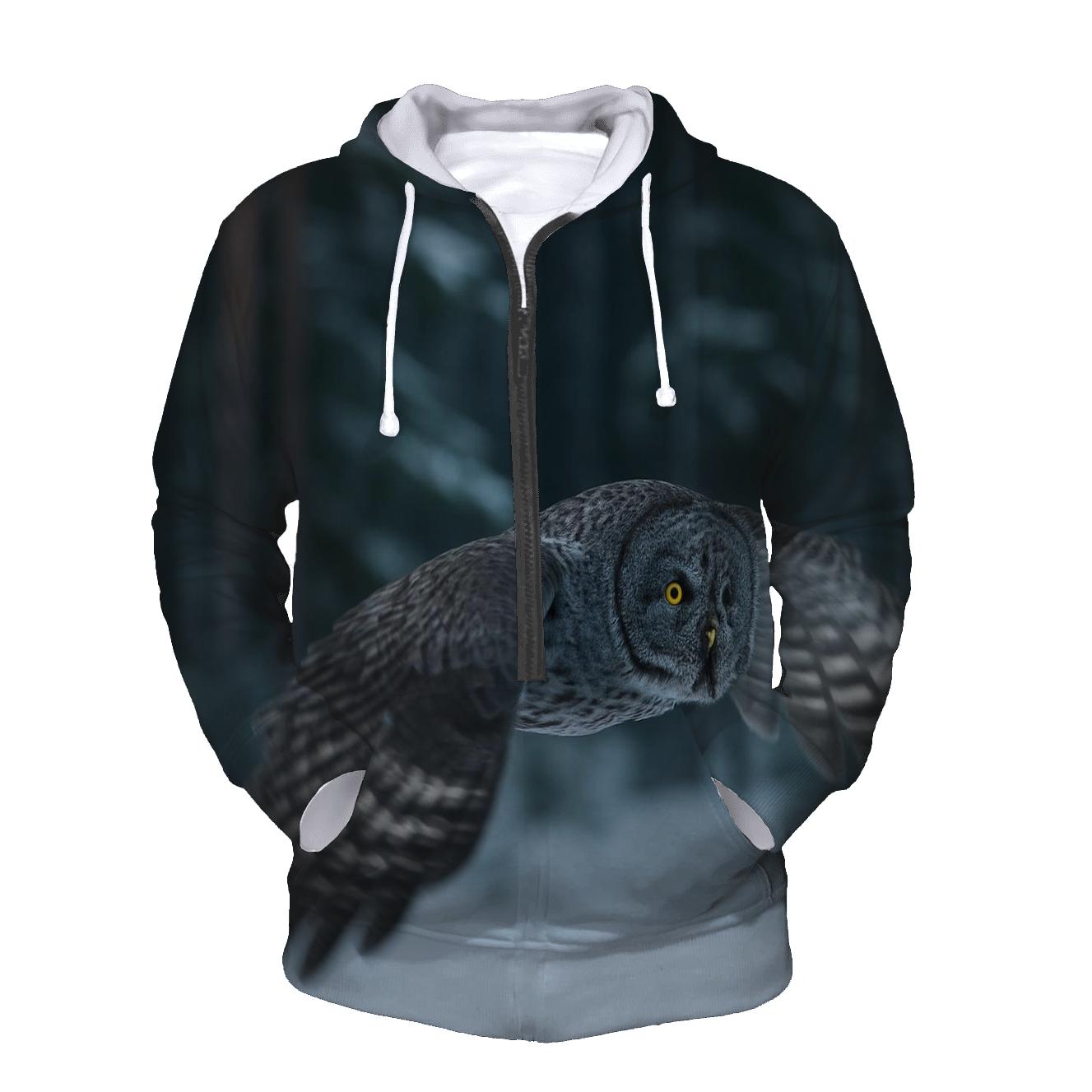 Great Gray Owl Over Boreal Clearing designer hoodies