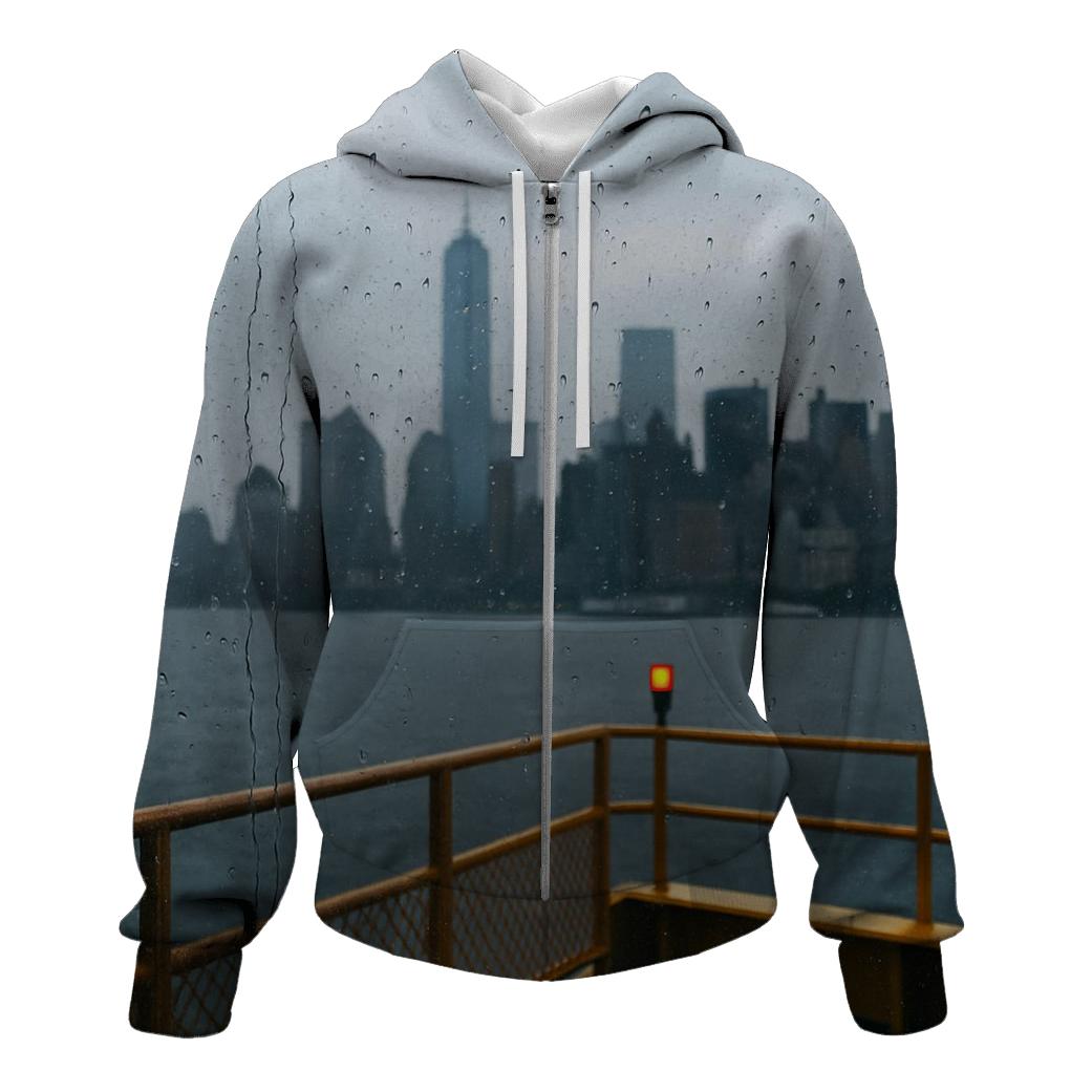 Lower Manhattan Skyline From Staten Island Ferry Rain premium hoodies