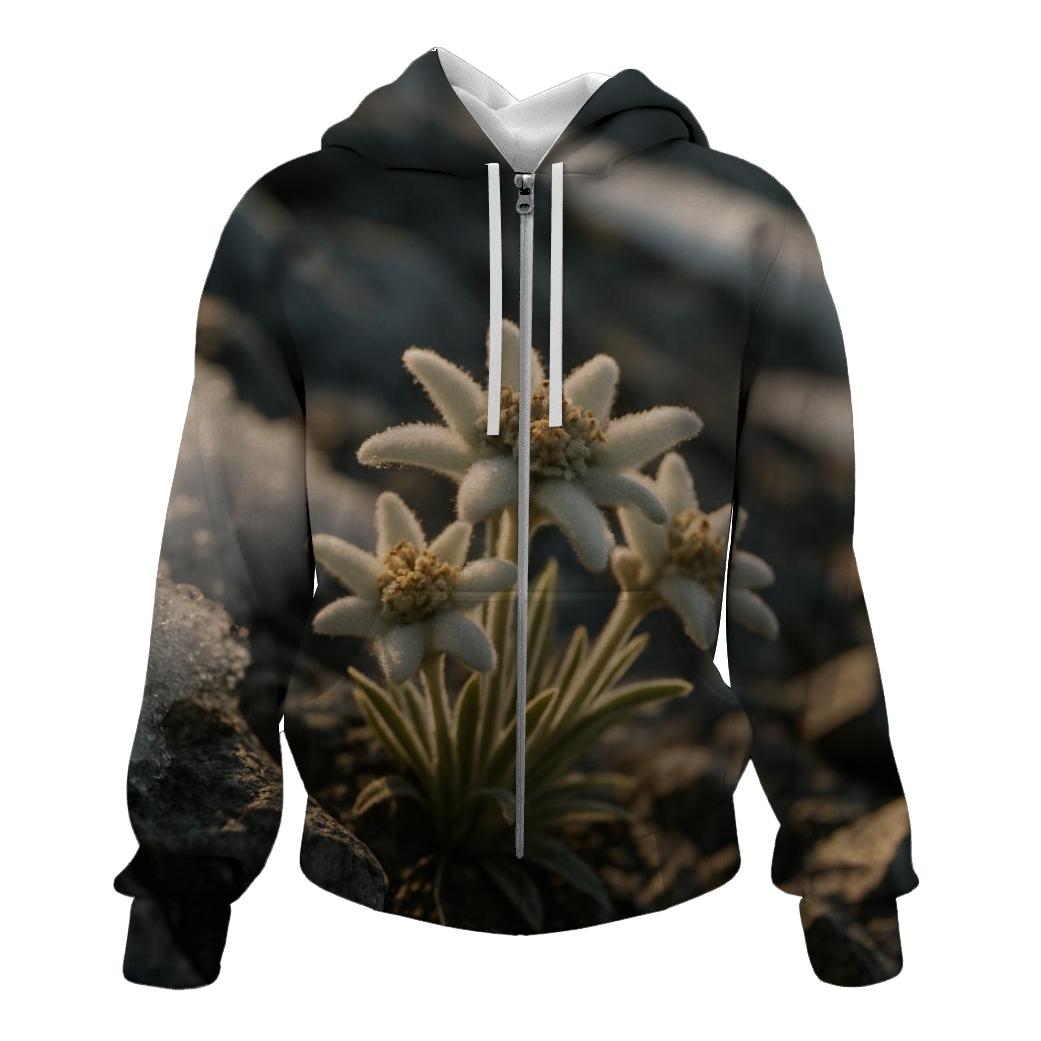 Wild Alpine Edelweiss Between Melting Snow zip-up hoodies