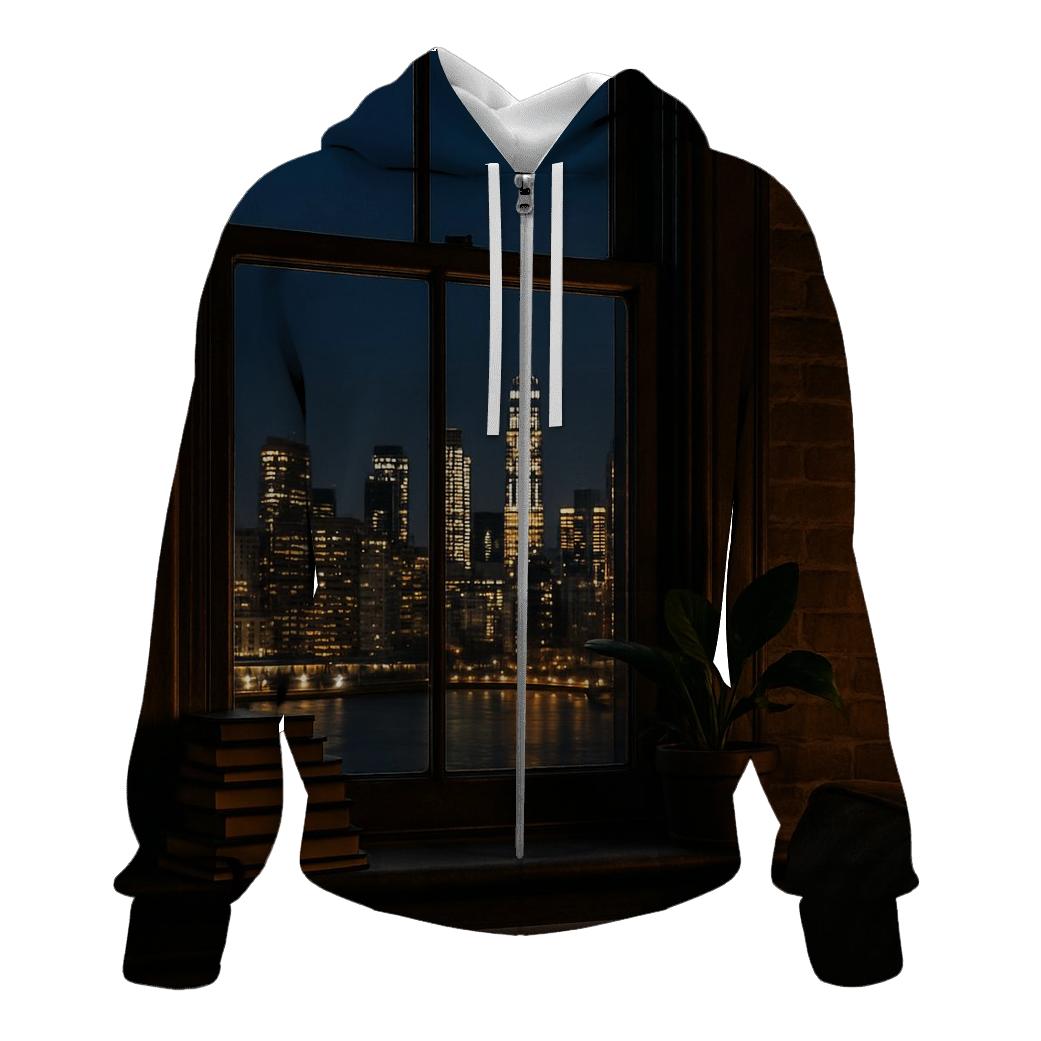 Brooklyn Brownstone Window Framing Skyline embroidered hoodies