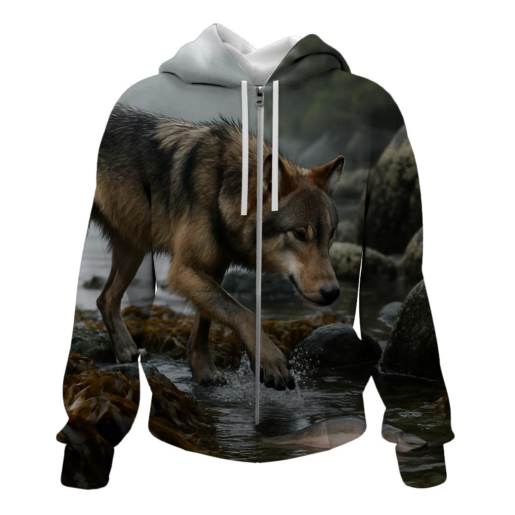 Coastal Wolf Fishing At Low Tide embroidered hoodies