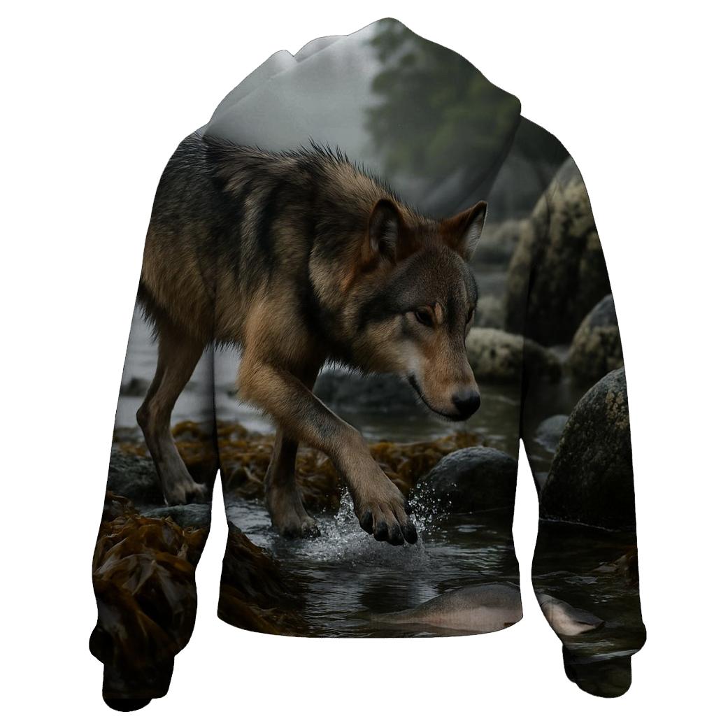 Coastal Wolf Fishing At Low Tide embroidered hoodies